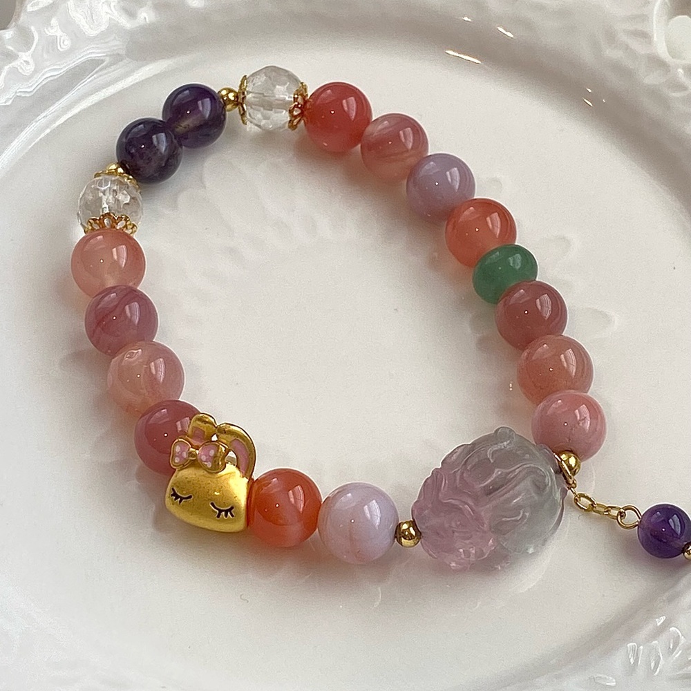 B130-Handmade Agate, Clear Quartz, Amethyst And Fluorite Stretchable Bracelet